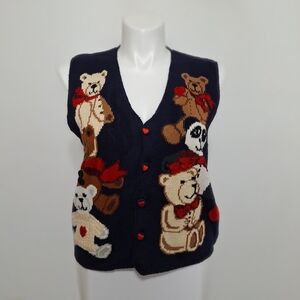 Eagle’s Eye Collectibles 3-D Vintage Grandmacore Teddy Bear V-Neck Knit Vest L